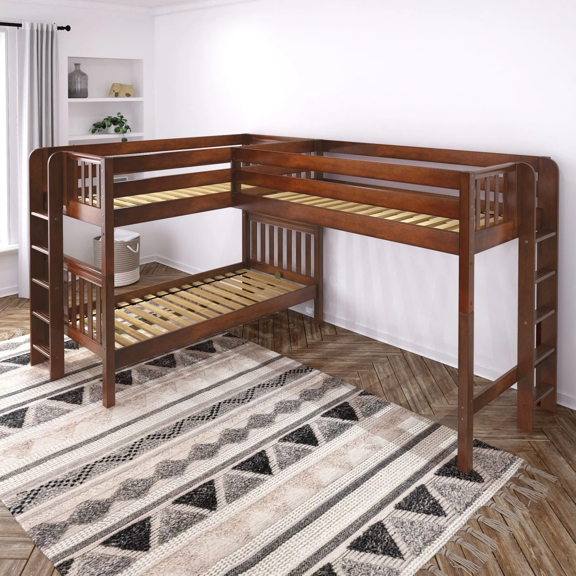 Twin Medium Corner Loft Bunk with Straight Ladders on Ends