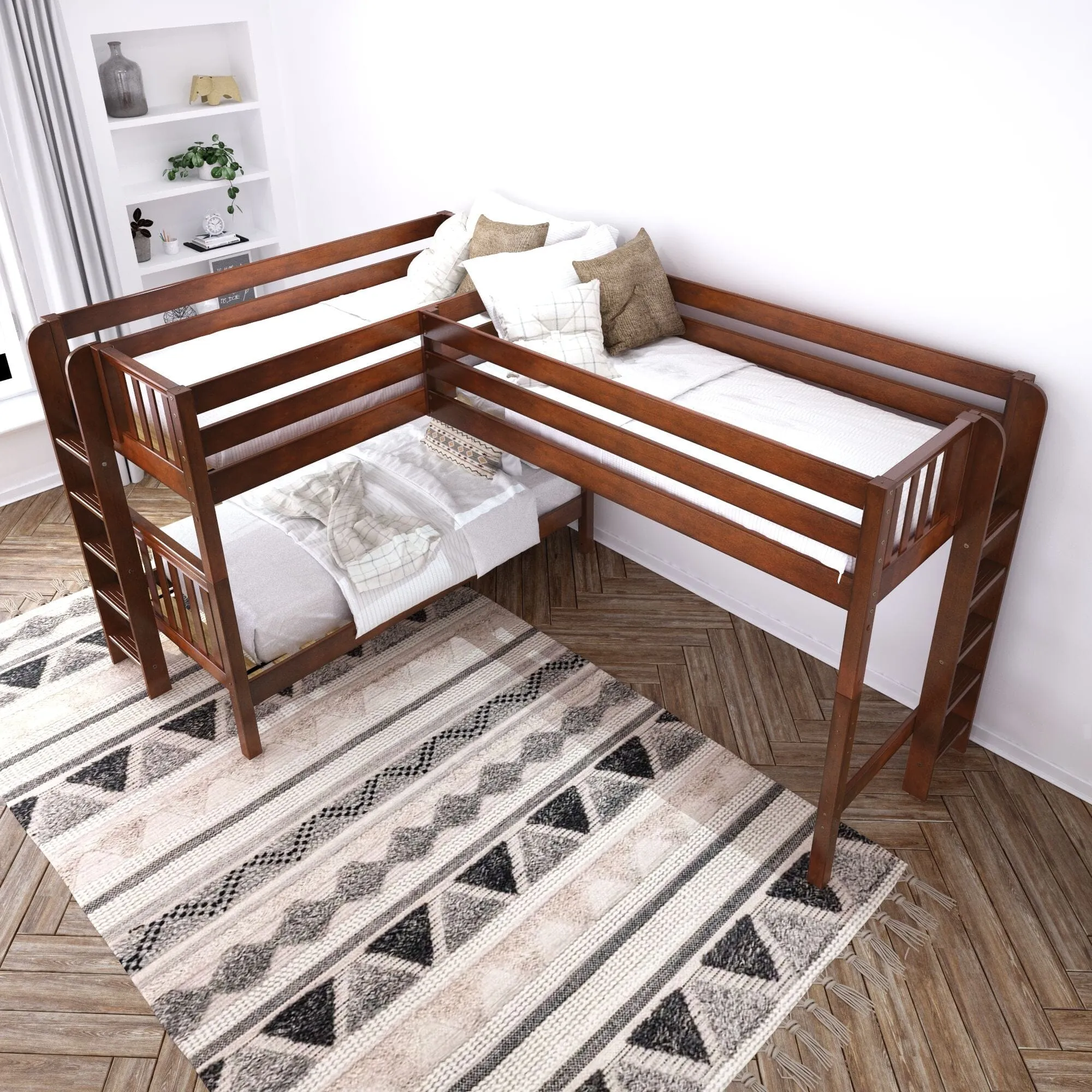 Twin Medium Corner Loft Bunk with Straight Ladders on Ends