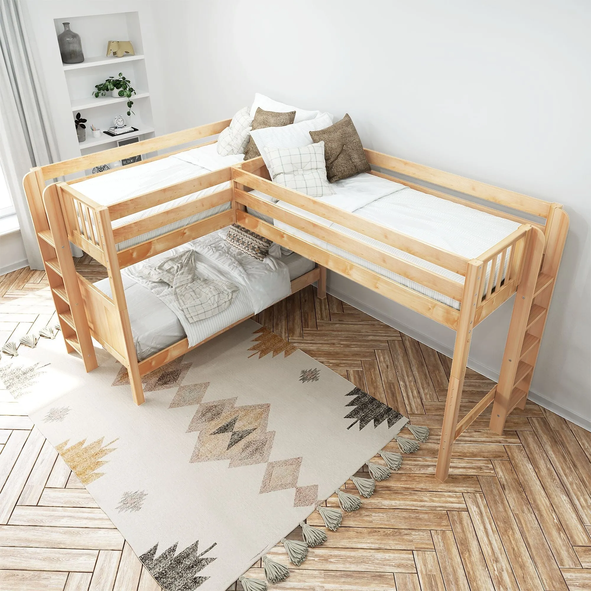 Twin Medium Corner Loft Bunk with Straight Ladders on Ends