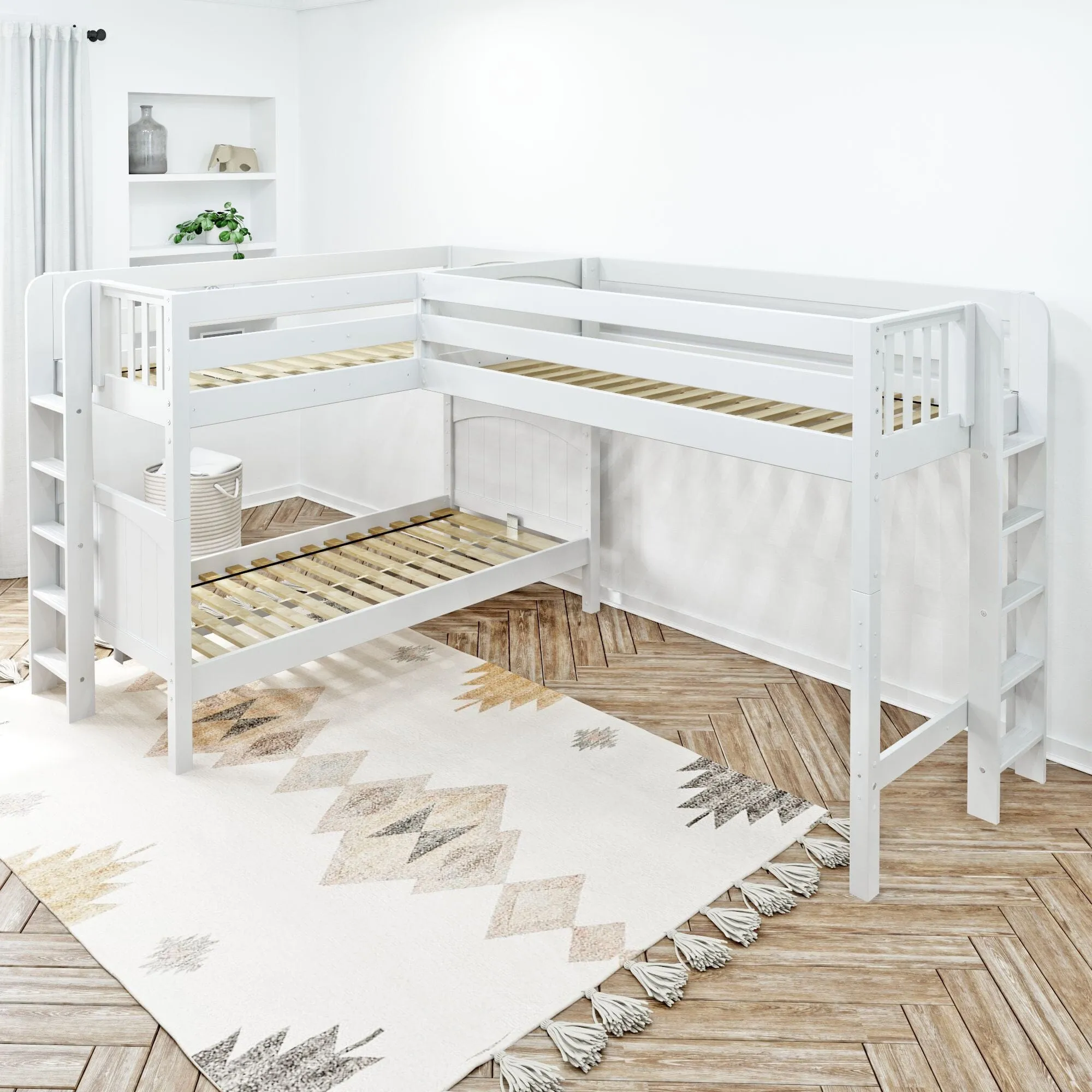 Twin Medium Corner Loft Bunk with Straight Ladders on Ends