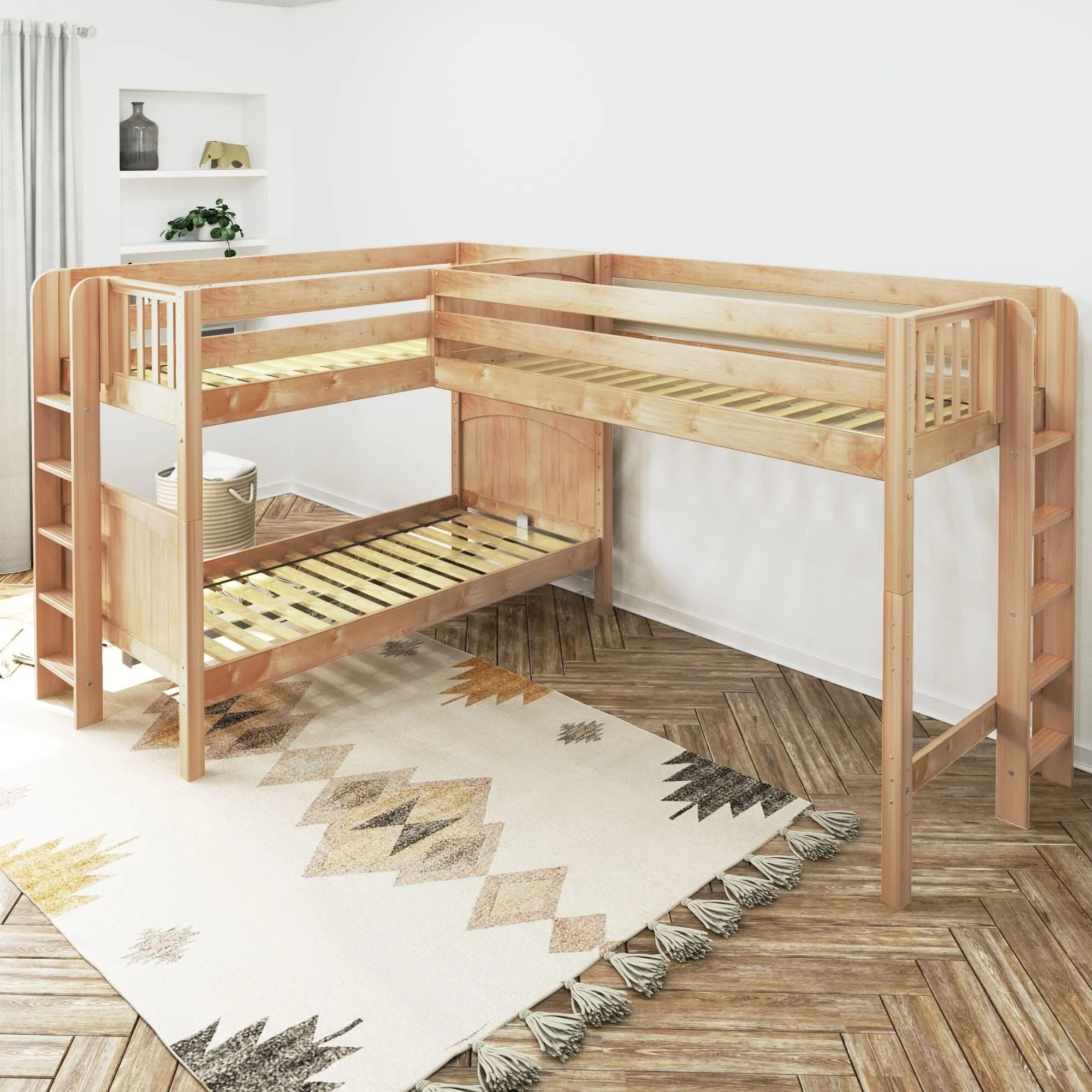 Twin Medium Corner Loft Bunk with Straight Ladders on Ends