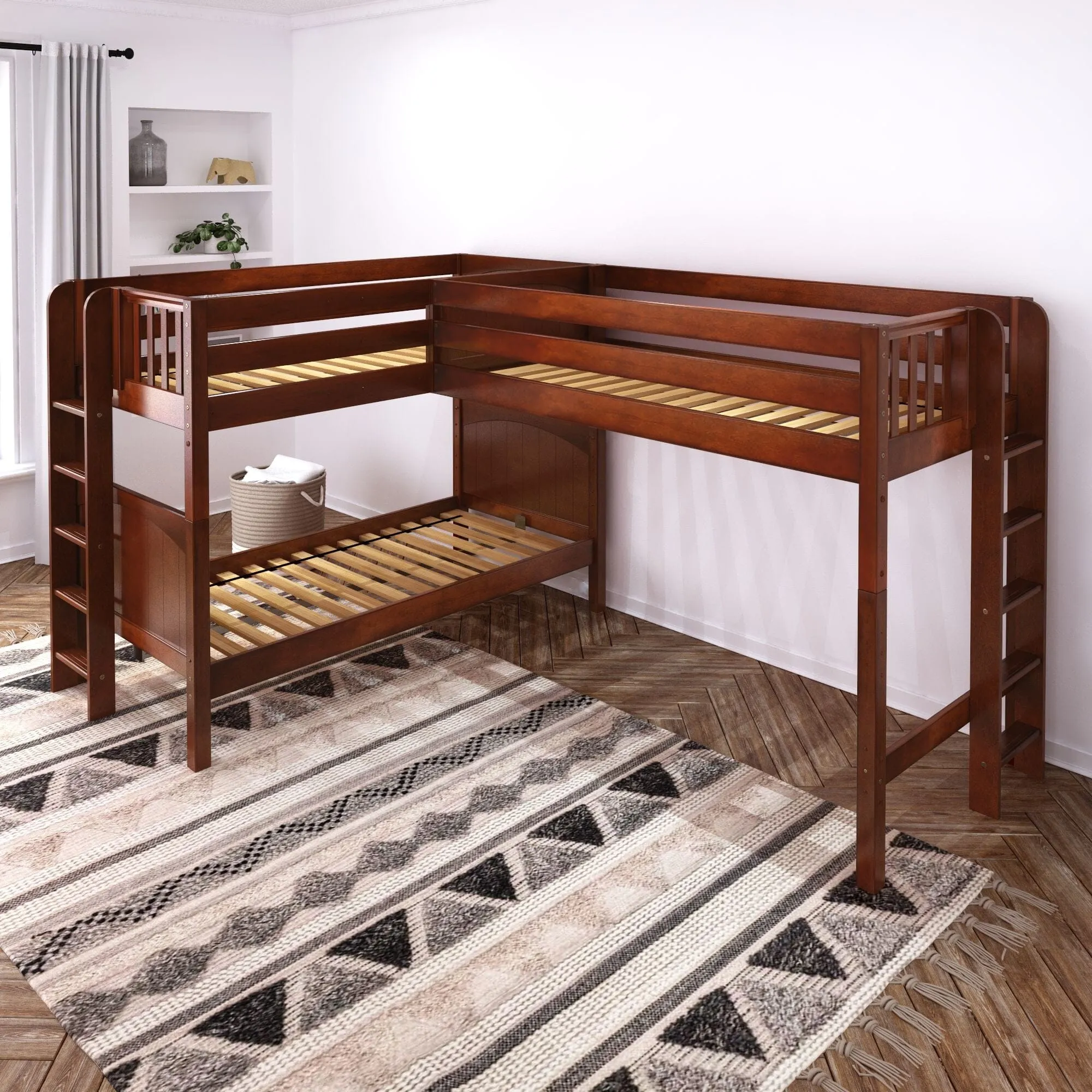 Twin Medium Corner Loft Bunk with Straight Ladders on Ends