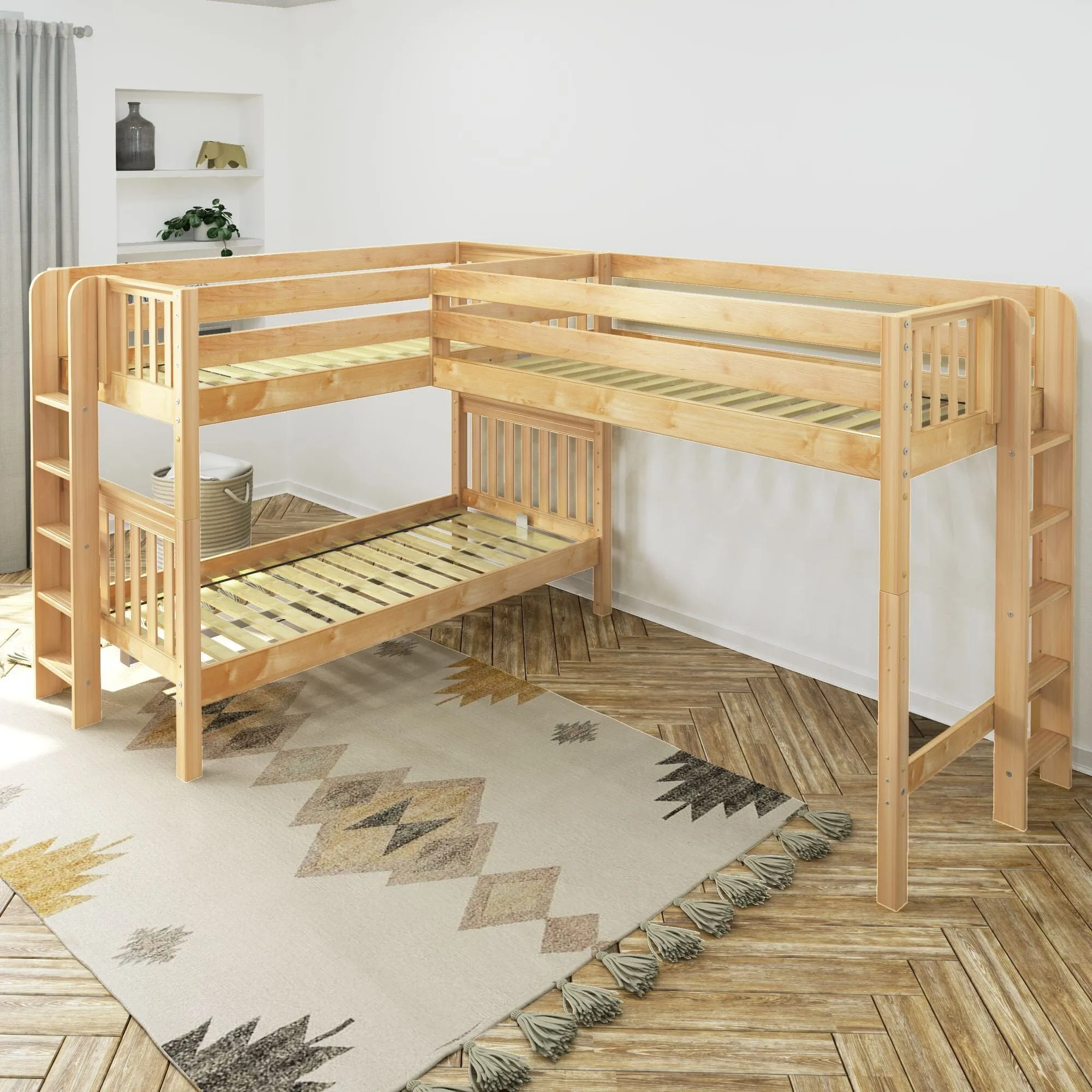 Twin Medium Corner Loft Bunk with Straight Ladders on Ends