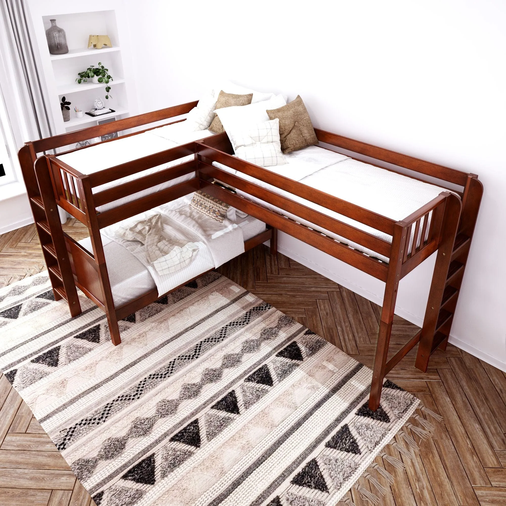 Twin Medium Corner Loft Bunk with Straight Ladders on Ends