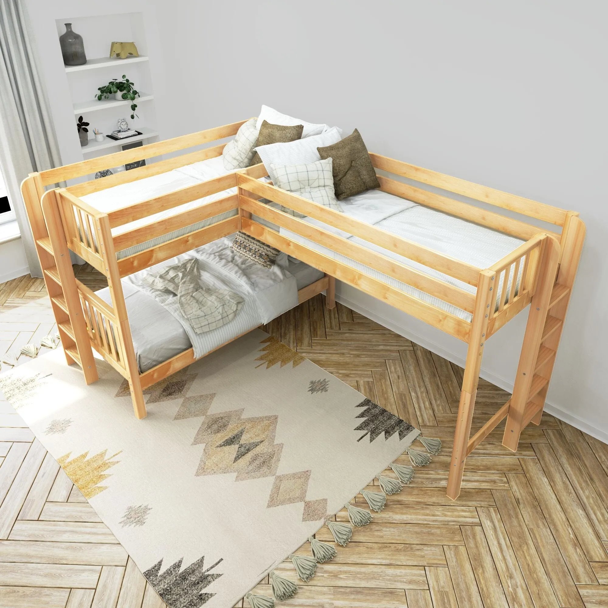 Twin Medium Corner Loft Bunk with Straight Ladders on Ends